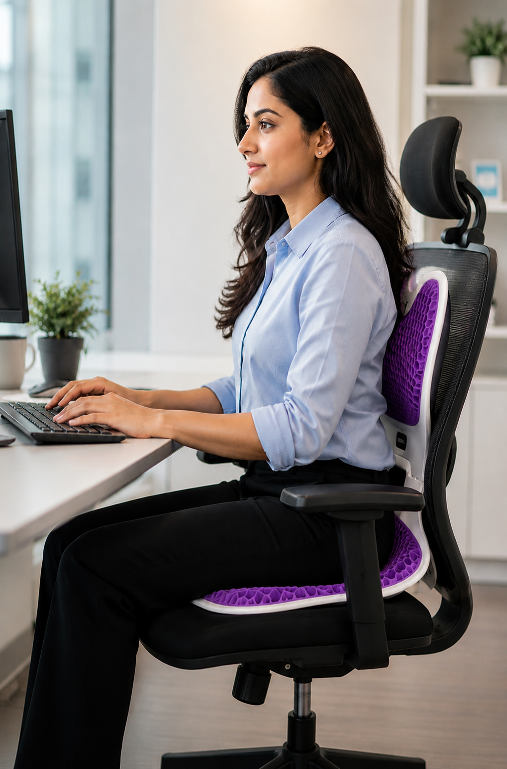 An ergonomic desk setup arranged for comfortable long form work
