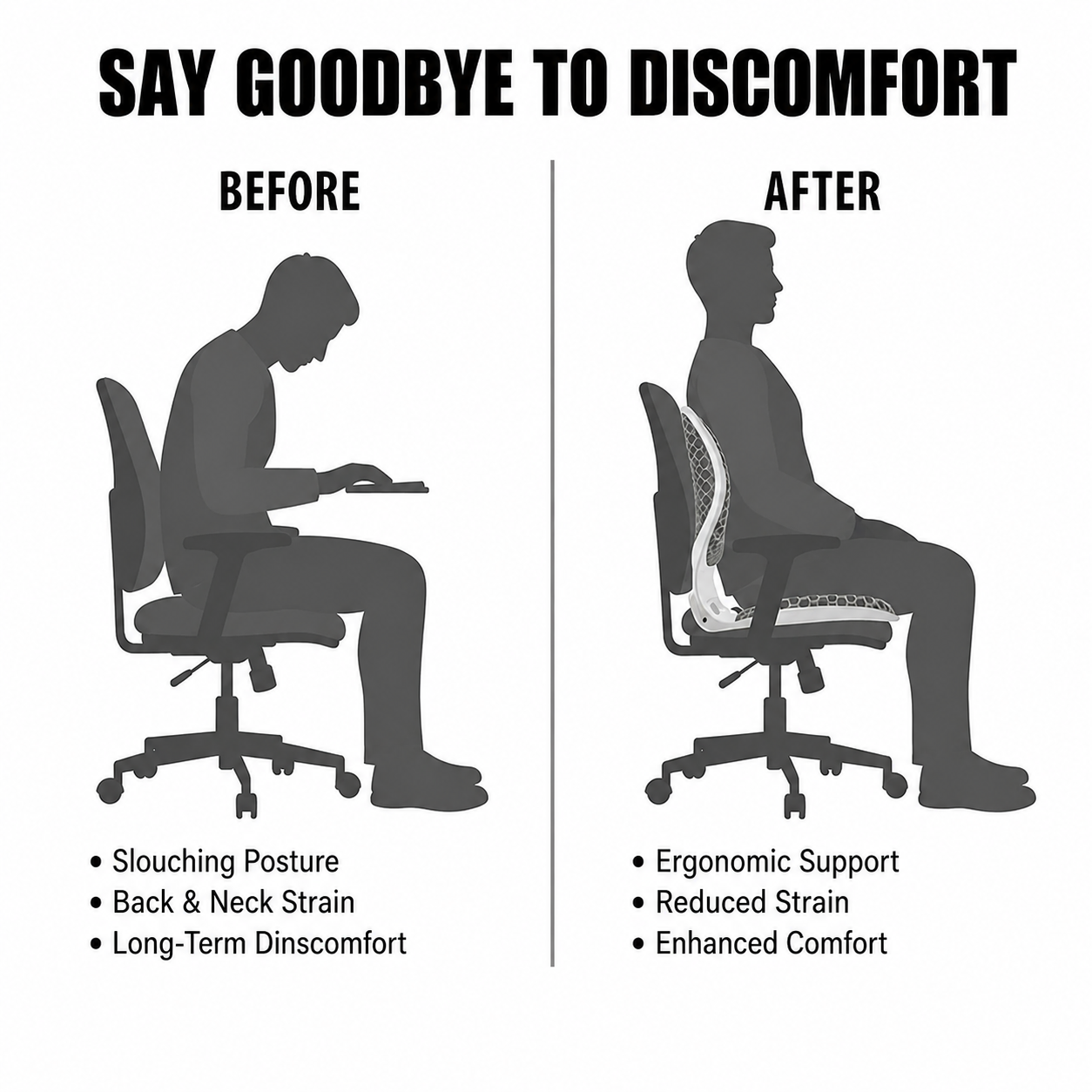 Illustration comparing seated posture without and with ergonomic support