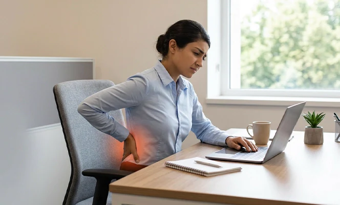 A person at a laptop showing early signs of back strain