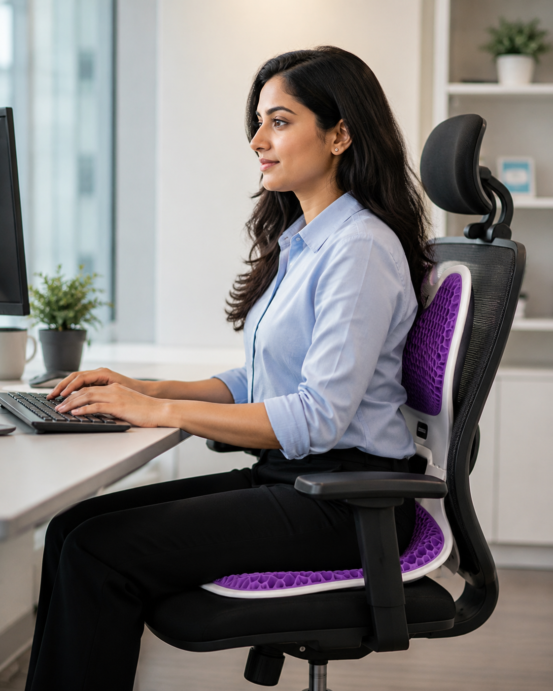 Posture Max Pro installed on an office chair in a home workspace